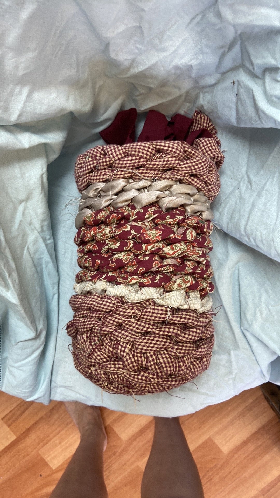 Maroon and Beige Handmade Fabric Basket for a Wine Holder/ gifts or accent . Removable Bow