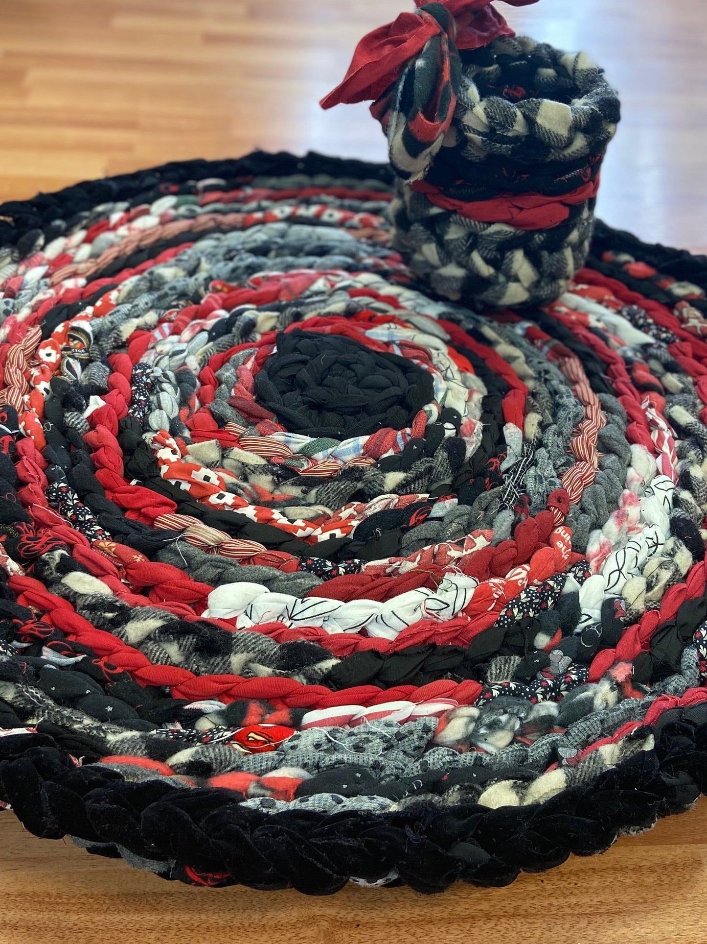 Handmade black, white and red Rug with Basket