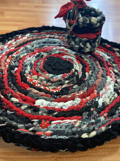 Handmade black, white and red Rug with Basket
