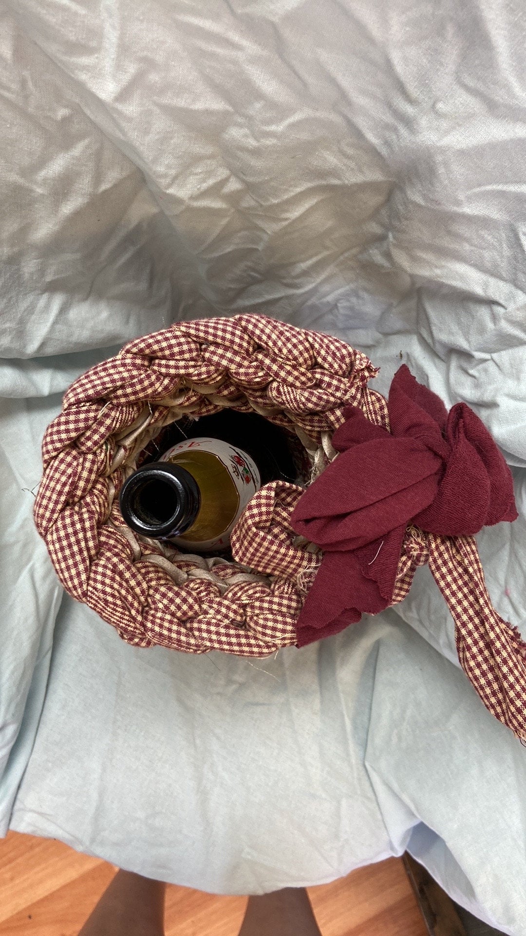 Maroon and Beige Handmade Fabric Basket for a  Wine Holder/ gifts or accent . Removable Bow