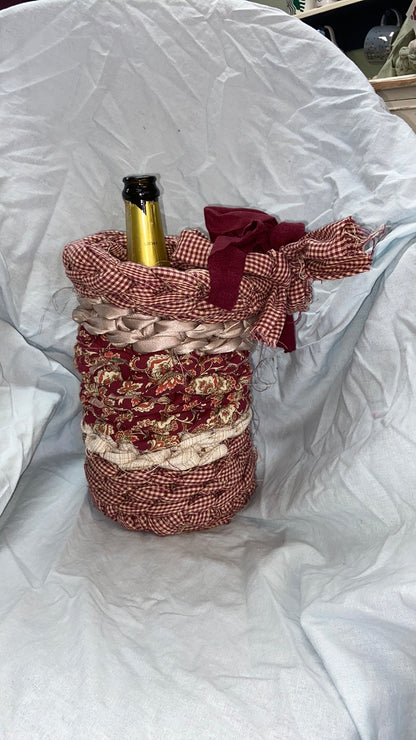 Maroon and Beige Handmade Fabric Basket for a  Wine Holder/ gifts or accent . Removable Bow